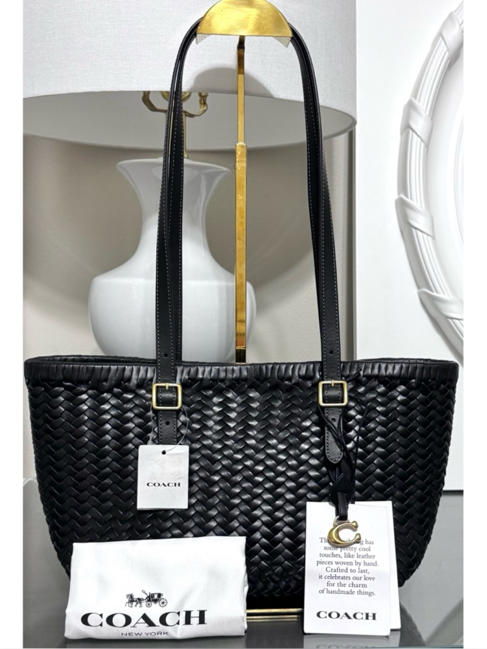 COACH Woven Leather Swing Tote Bag, BLACK/ GOLD - Picture 2 of 11